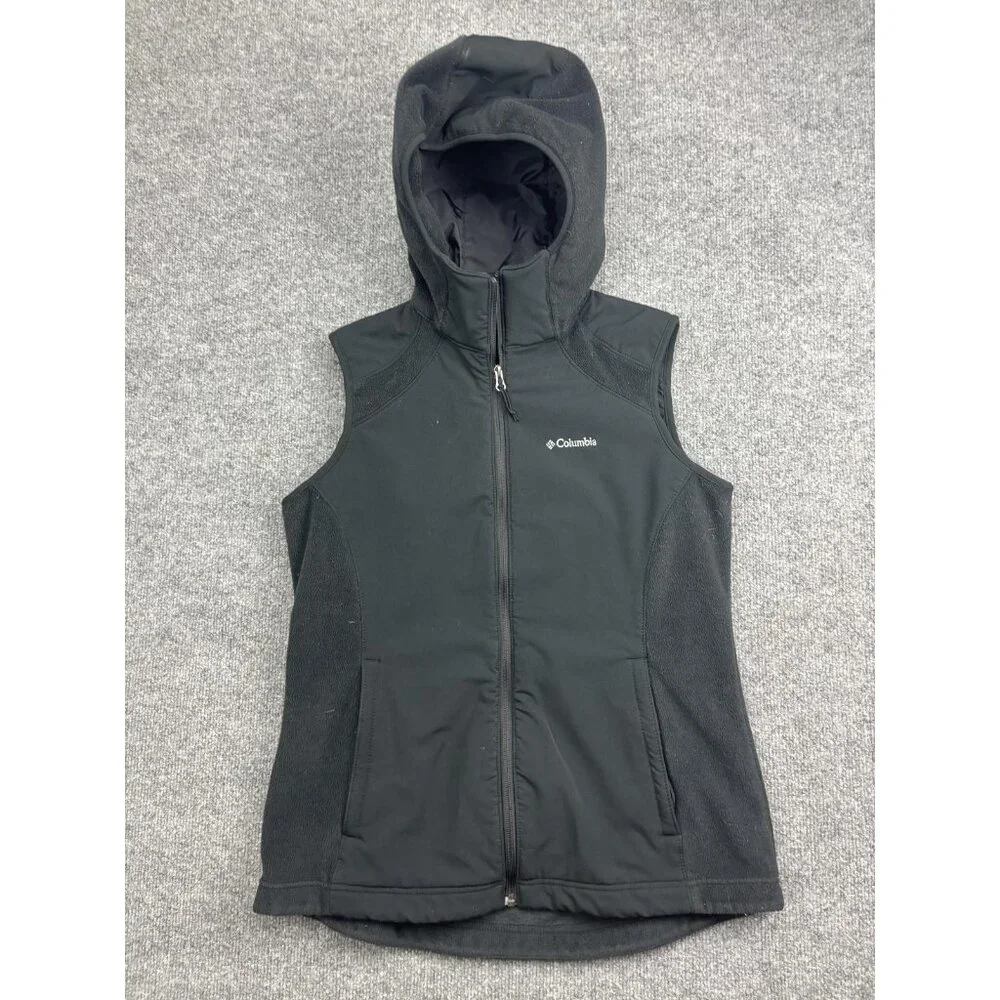 Columbia‎ Vest Womens Large Black Hooded Fleece Softshell Zip Pockets Outdoor